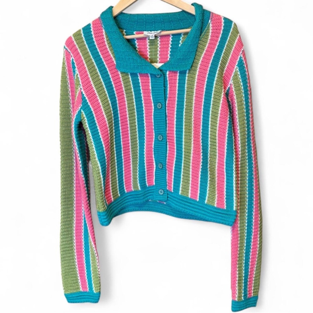 Striped Button-Front Women's Sweater Cardigan - Teal, Pink & Green